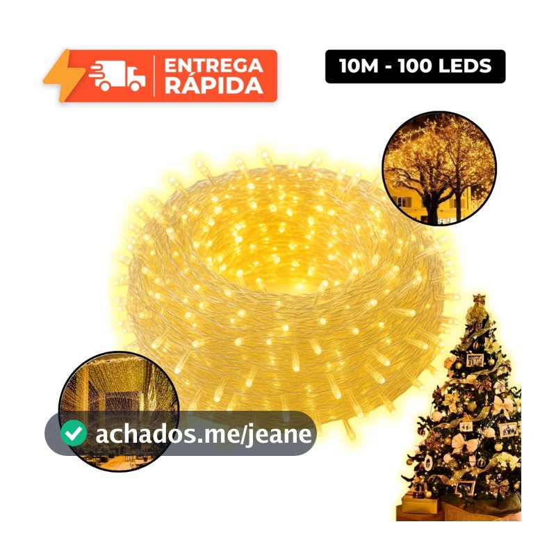 Pisca Pisca 100 LEDs 10m 8 Funções Natal Fio Transparente Verde Branco Quente 127V Cordão Janela Arvore