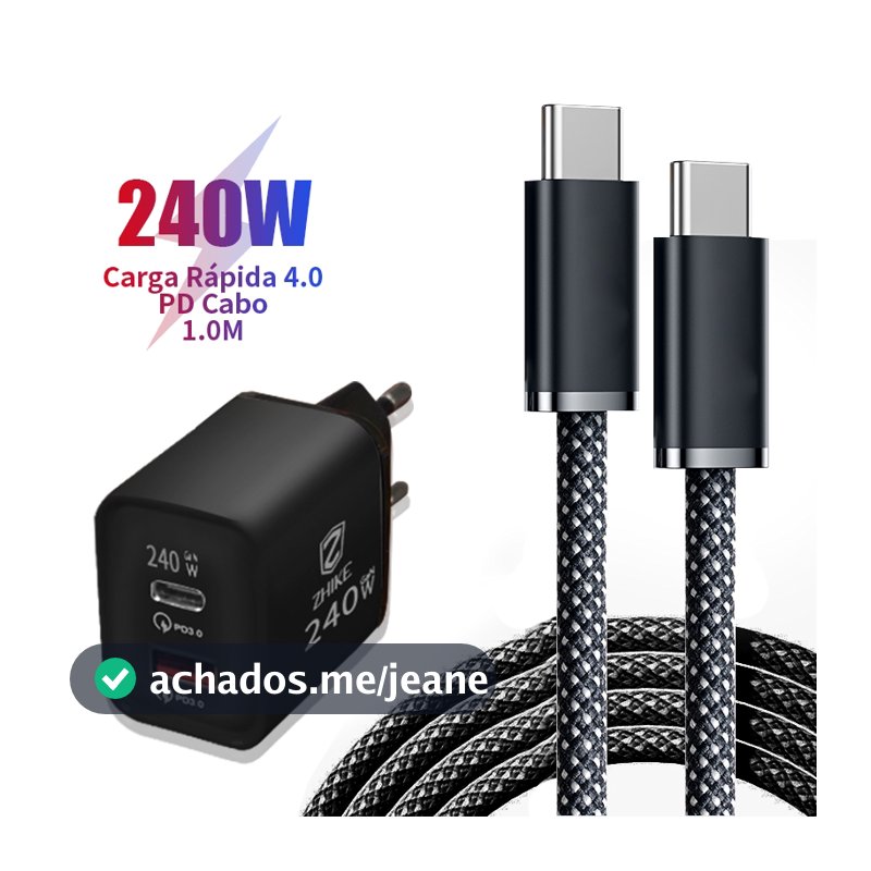Cabo Carregador Celular Carregamento Rápido PD Tipo C Para Tipo C Com GaN Adaptador 1M Trançado Cabo
