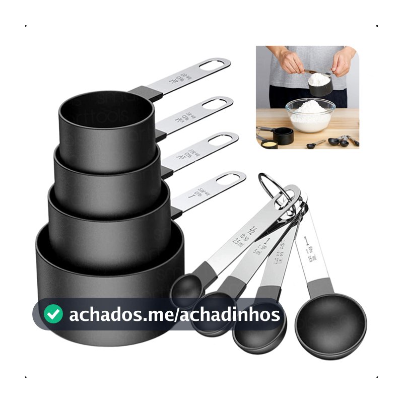 Conjunto Colher Xicaras Medidoras Com 8 Peças Inox Prático Colher Medidora Cozinha Alimentos