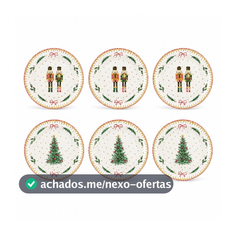 Kit 6 Pratos de Sobremesa Natalinos 21cm Porcelana Árvore Quebra-Nozes Mesa Posta Ceia de Natal