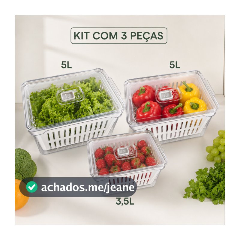 Kit 3 Organizadores de Geladeira – 2 de 5L + 1 de 3,5L em Acrílico com Vedação e Drenagem