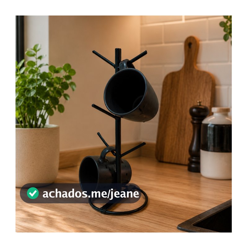 Porta Canecas de Ferro Preto 6 Ganchos Suporte para Xícaras Organizador de Bancada Cantinho do Café WitzSmith