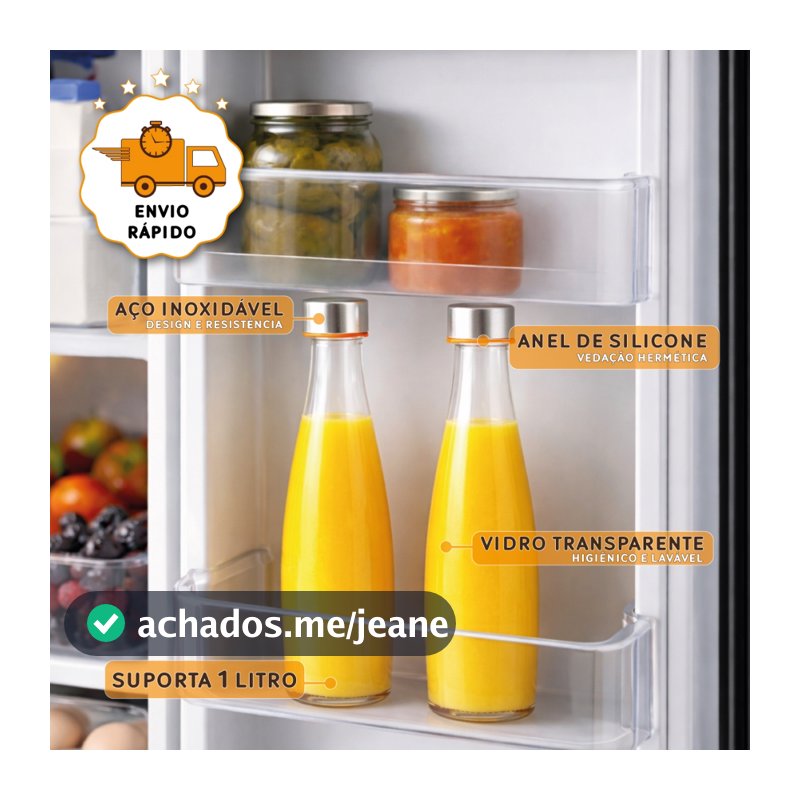 Jogo Kit Garrafa Vidro Redondo Geladeira Suco Laranja Reutilizável Tampa Hermética De Aço Inoxidável