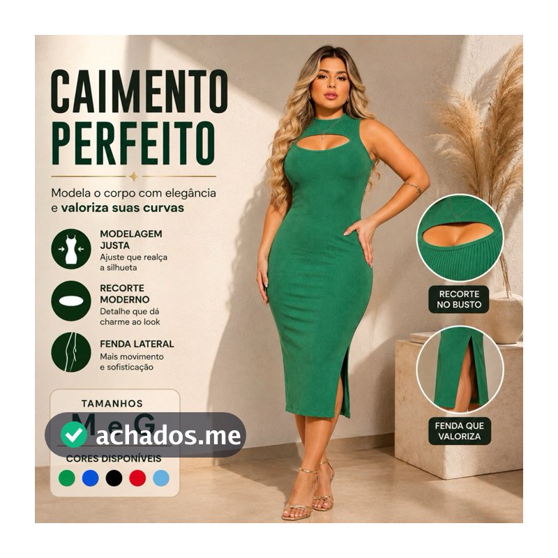 Vestido Canelado Feminino Mídi Regata com Fenda Básico Dia a Dia