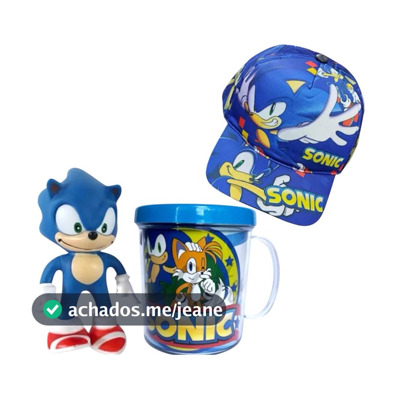 Kit Sonic Boneco + Boné + Caneca Presente Infantil Completo Personagem Sonic