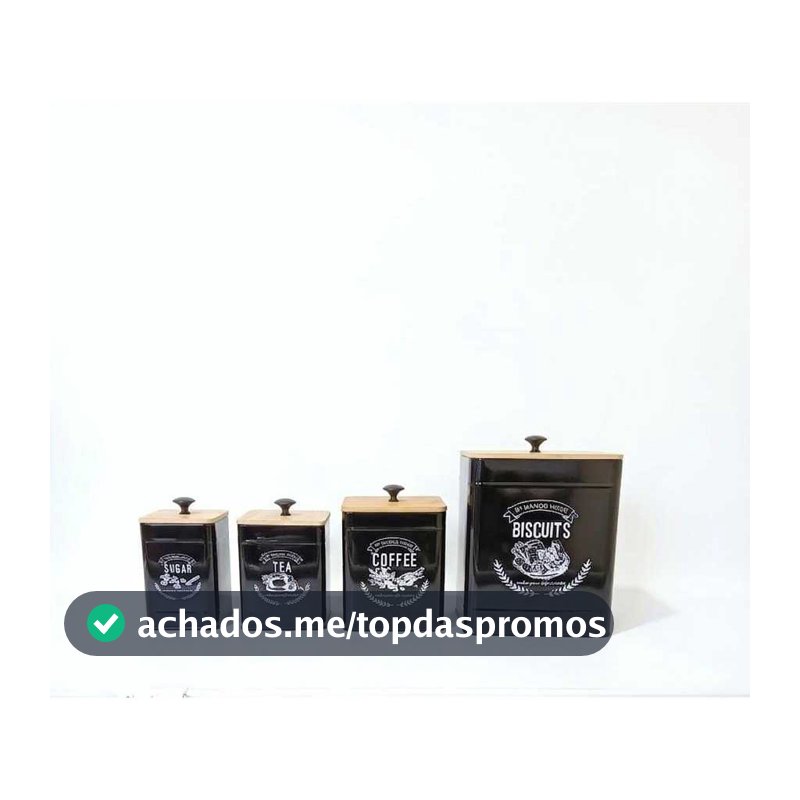 Kit Porta Pão Açúcar Café E Chá Preta De Metal Tampa de Madeira Hermético Inox Premium Mesa Posta