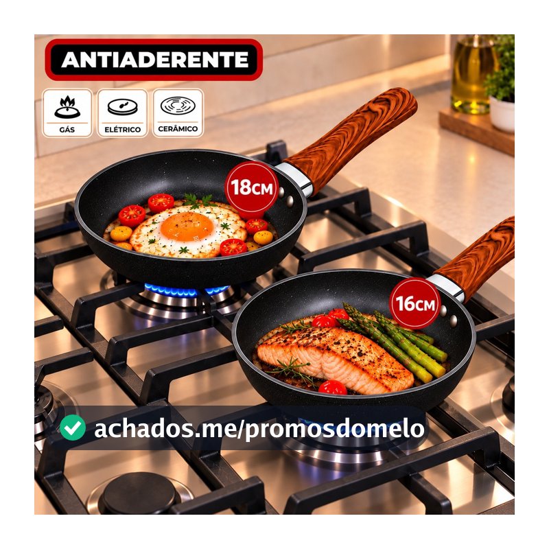 2/1 Frigideira 16 e 18cm Granito Antiaderente em Alumínio Revestimento Cerâmico Premium Cabo Madeira