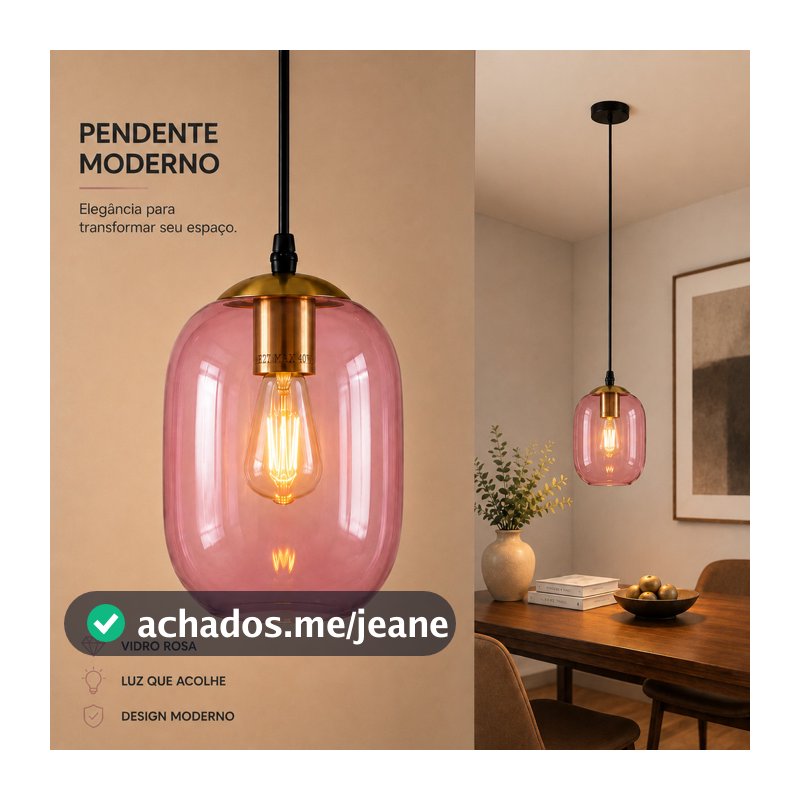 Lustre Pendente Teto Cúpula Rosa E27 Base Preta Moderno