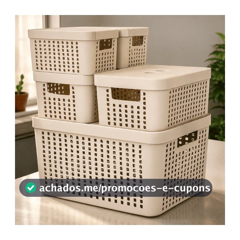Kit 5 Caixas Organizadoras com Tampa Cesto Grande de Plástico 2 Litros 4,5 Litros 17 Litros
