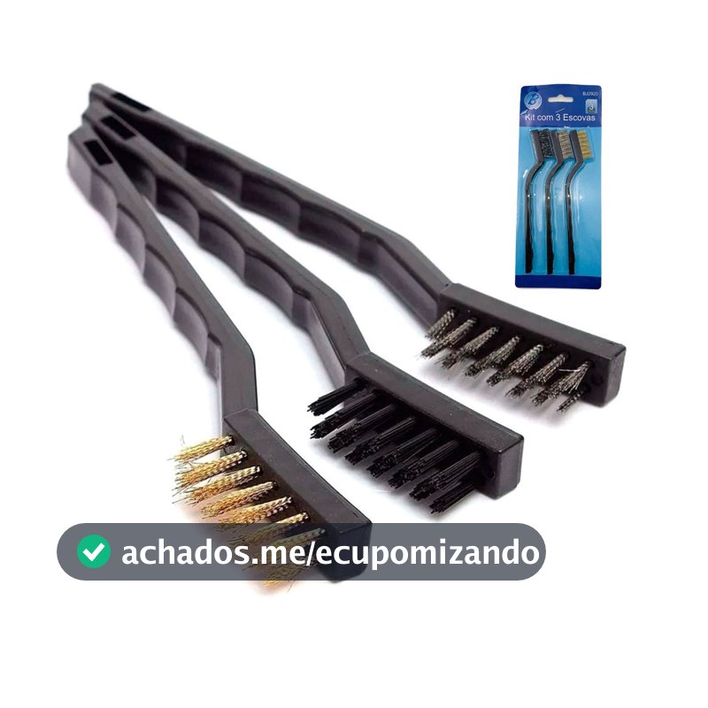 Escovas de Aço Multiuso Kit 3 Pcs Aço Latão Nylon Cabo Plástico