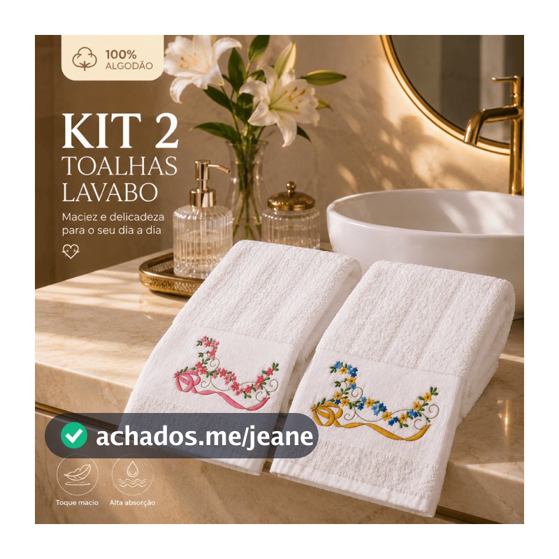 Toalha de Lavabo Bordada Floral 30x45 cm Laço Rosa ou Dourado
