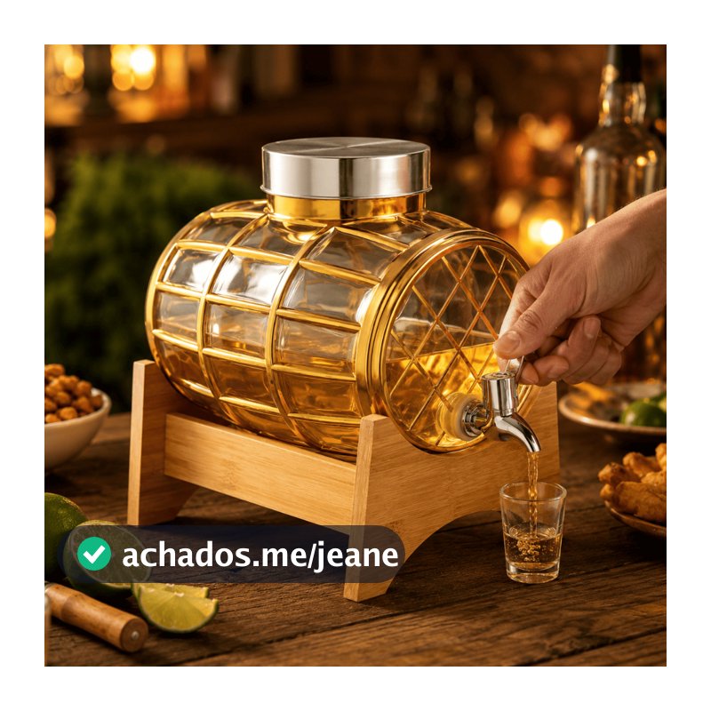 Suqueira Barril Vidro 3L Dispenser Bebidas Sucos Cachaça Drinks com Torneira Inox e Suporte Madeira