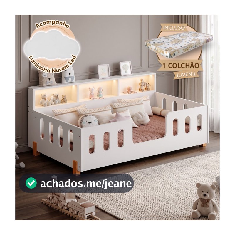Cama Infantil Montessoriana com Colchão Juvenil Led e Nicho Nina Branca + Luminária Led