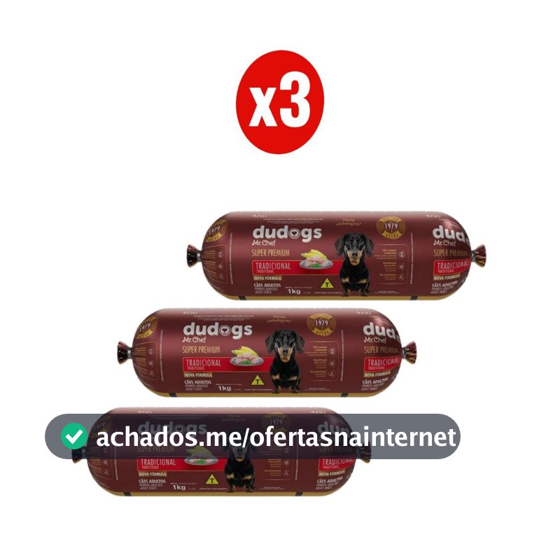 Kit 3 Dudogs Mr Chef Tradicional Ração Semi Úmida para Cães 1Kg FVO