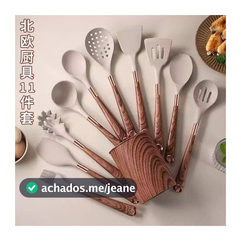 Conjunto de utensílios de cozinha de Silicone, novo estilo transfronteiriço, conjunto de 11 peças, cabo de grão de madei