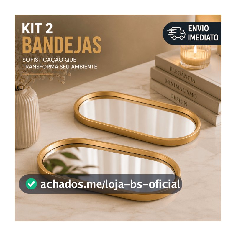 Kit 2 Bandejas Decorativas Douradas Espelhadas para Banheiro Lavabo Penteadeira Porta Joias Perfumes