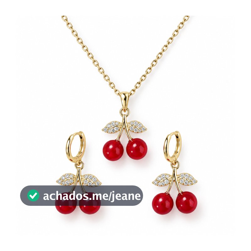 Conjunto Colar + Brinco Cereja Folheado Semijoias