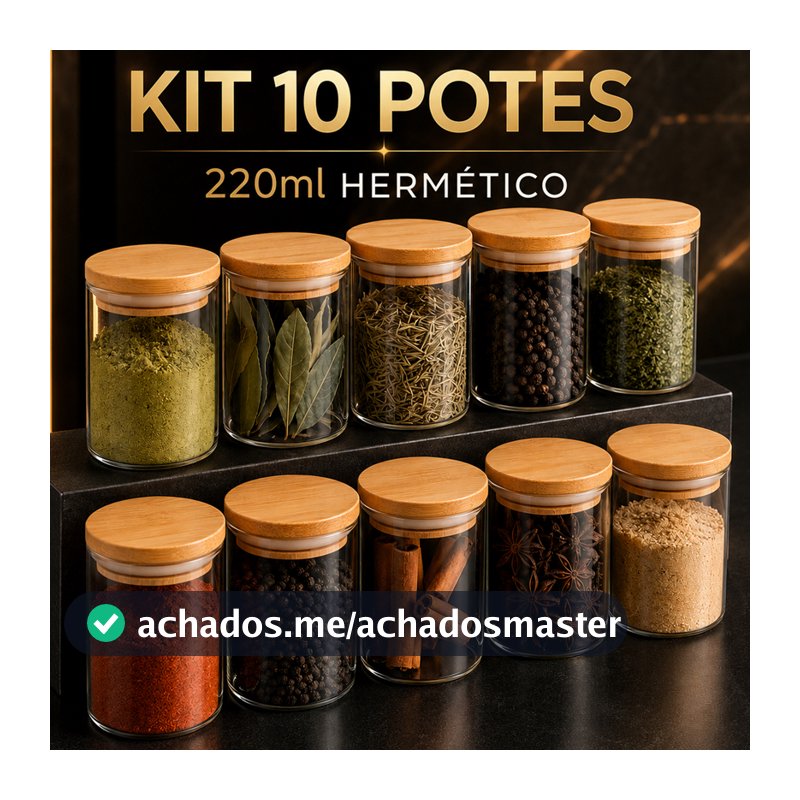 Kit 10 Potes Hermetico 200ml Temperos Mantimentos Vidro Tampa De Bambu