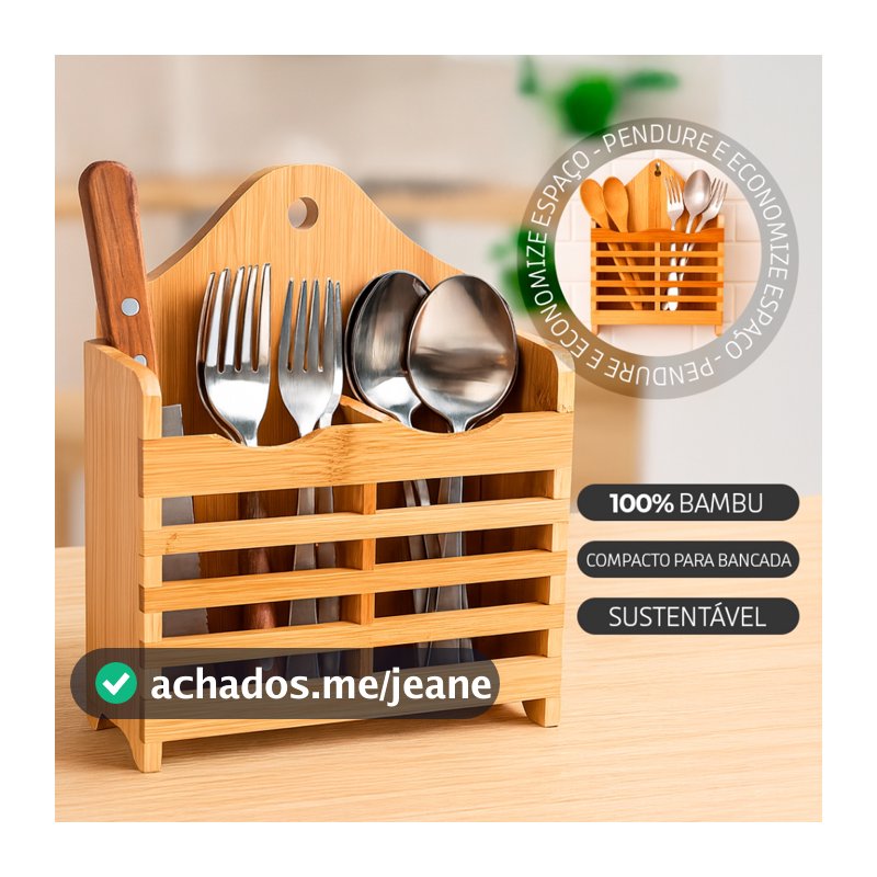 Porta-Talheres de Bambu Natural p/ Bancada e Parede – Suporte Compacto e Ecológico