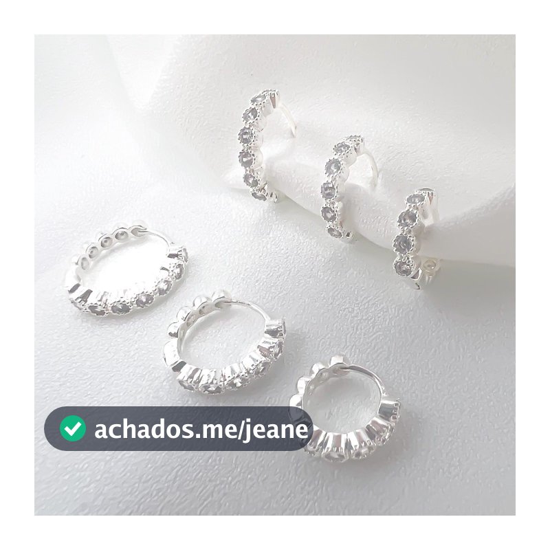 Trio de Brincos Argolas Laterais Arredondadas Cravejada Pedra de Zirconia Banhada de Prata 925