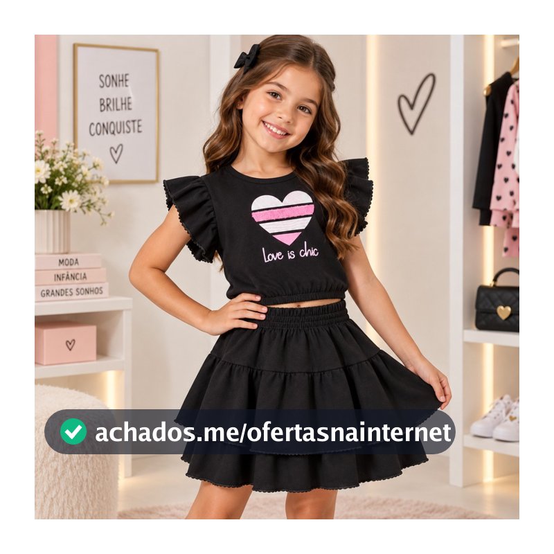 Conjunto Infantil Feminino Babados e Saia em Camadas- 100% Algodão Premium