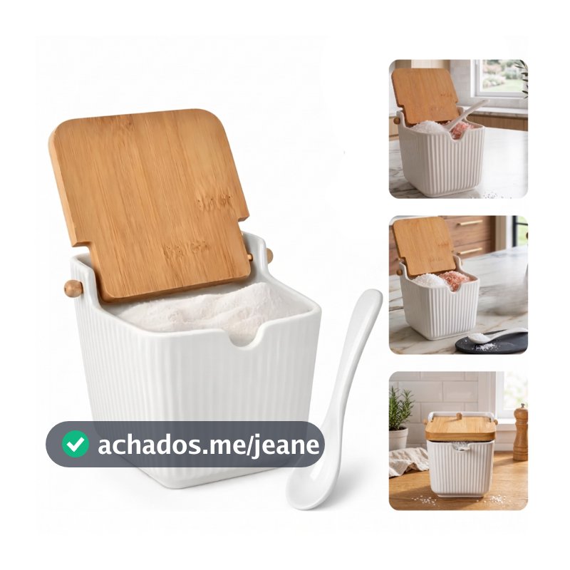 Saleiro De Porcelana Branco Com Colher Tampa Em Bambu 300ml Premium Liso Ou Canelado