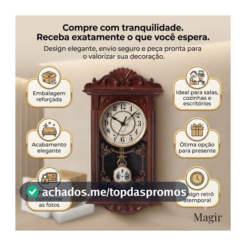 Relógio Analógico De Parede Rústico Lindo Pêndulo Ativo 38cm Cor Da Estrutura Rustica