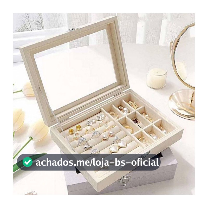 Caixa de joias com tampa, caixa de armazenamento, veludo, vidro, divisórias, fecho