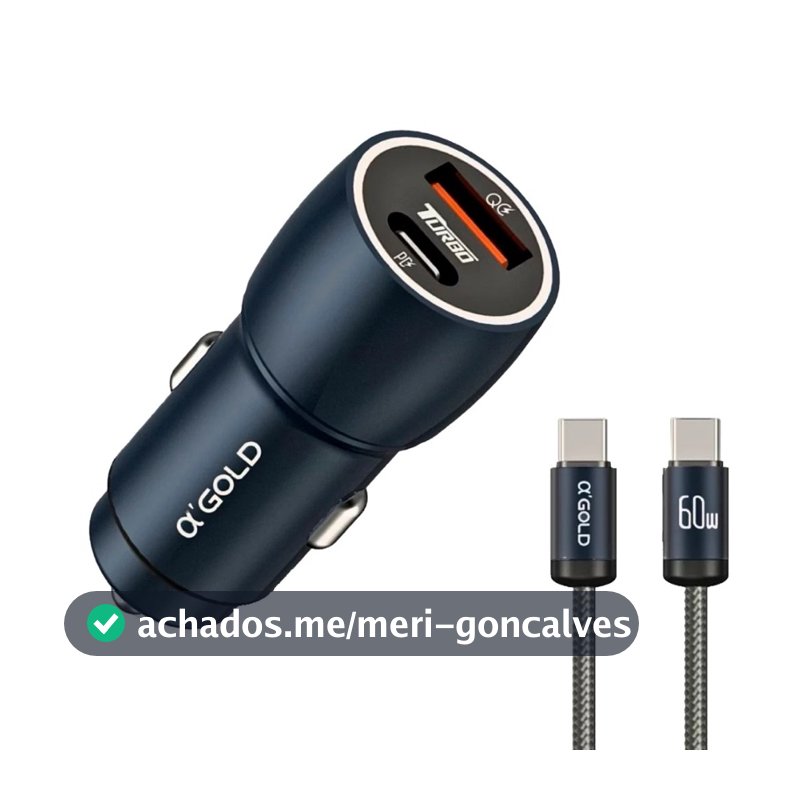 Carregador Veicular Turbo 60W Porta Dupla USB e Tipo-C Carregamento Rápido Com Cabo Lighting e Cabo Tipo C