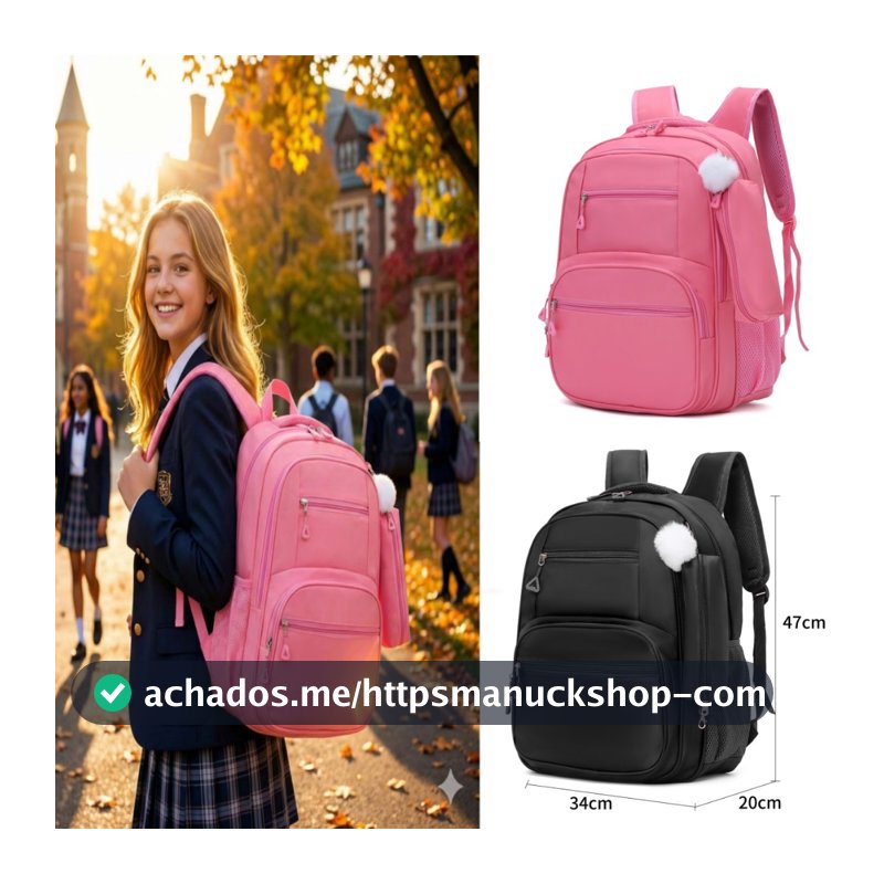 Mochila Escola unissexo estilo coreano, grande capacidade, impermeável, inclui um porta-chaves de peluche e um estojo