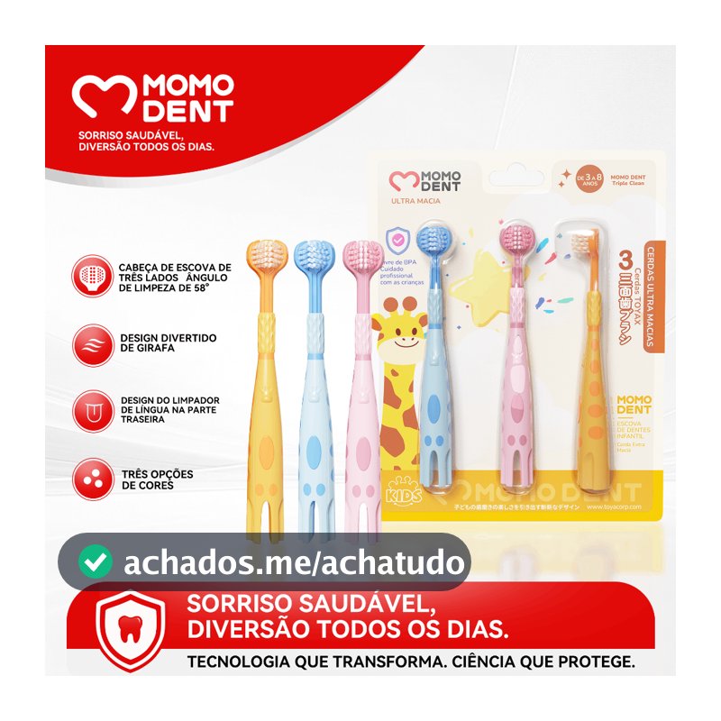 MOMODENT Escova Dental Infantil 3 Lados, Design Girafa, Cerdas Duplas, Ultra Macia, 3 Cores
