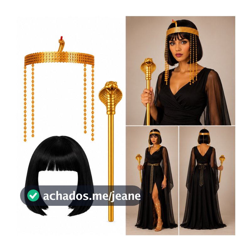 Kit Fantasia Cleópatra Peruca Preta + Tiara Egípcia Dourada Halloween