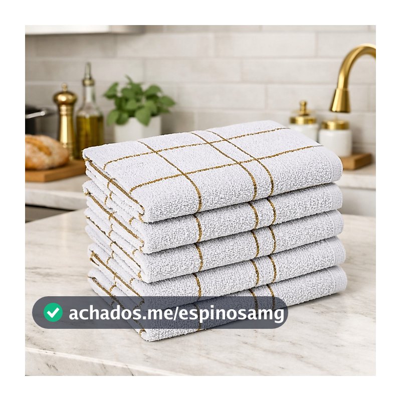 5 Pano Prato Cozinha Xadrez Branco c/ Dourado Grande Algodão Macio Laune Haus