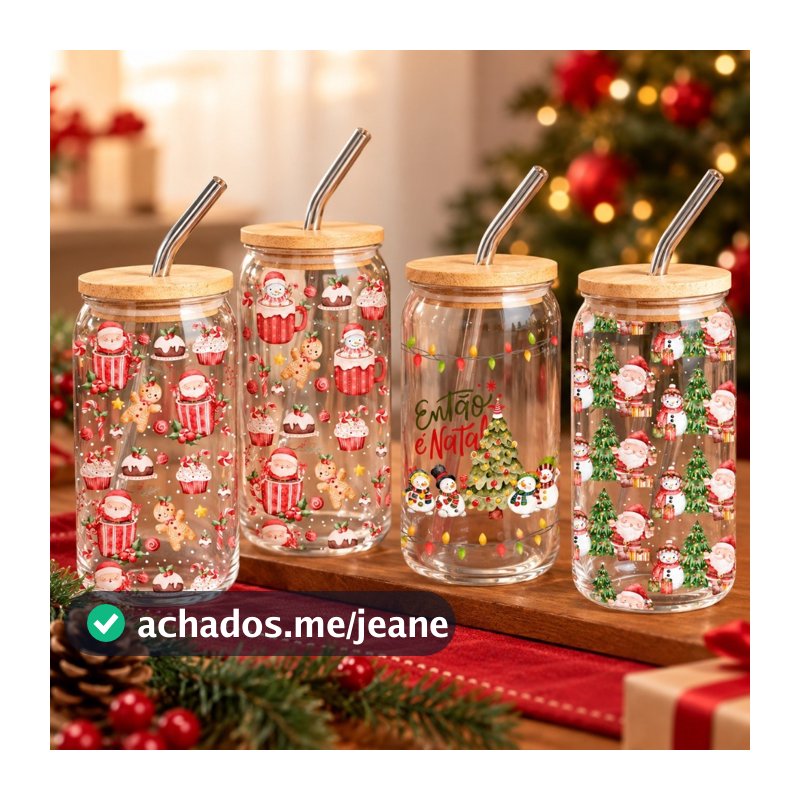 Copos de Vidro Natal com Tampa de Bambu e Canudo de Vidro Enfeite 480 ML Pronta Entrega