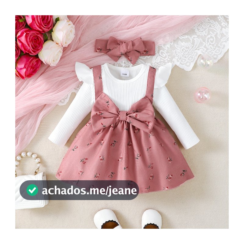 Vestido Para Bebê Menina 2 Peças 3-24 Meses Manga Comprida Rosa Flor Estampa Laço De Princesa Com Faixa De Cabeça Moda E