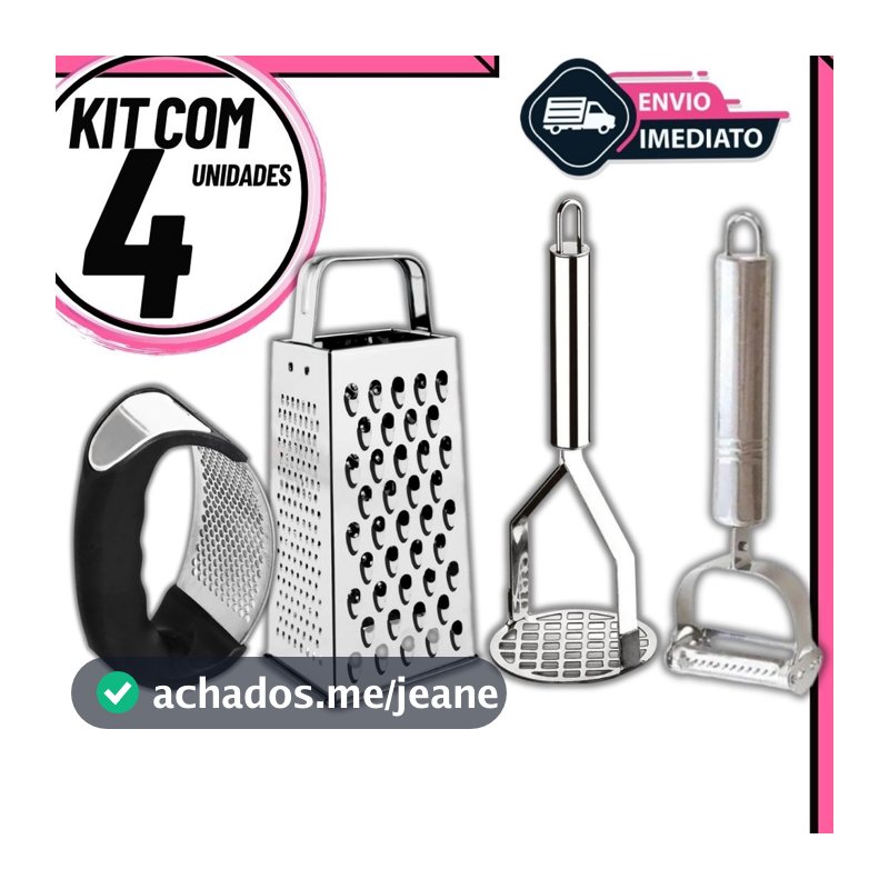 Kit 4 Utensílios de Cozinha Amassador de Batata e Alho Descascador de Legumes e Ralador Inox