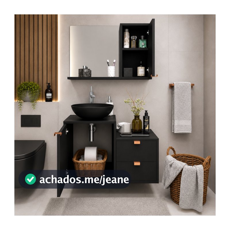 Conjunto Gabinete Banheiro 62cm com Armário Espelho e CUBA INCLUSA 1 Porta 2 Gavetas Lavabo PREMIUM - Preto ou Branco