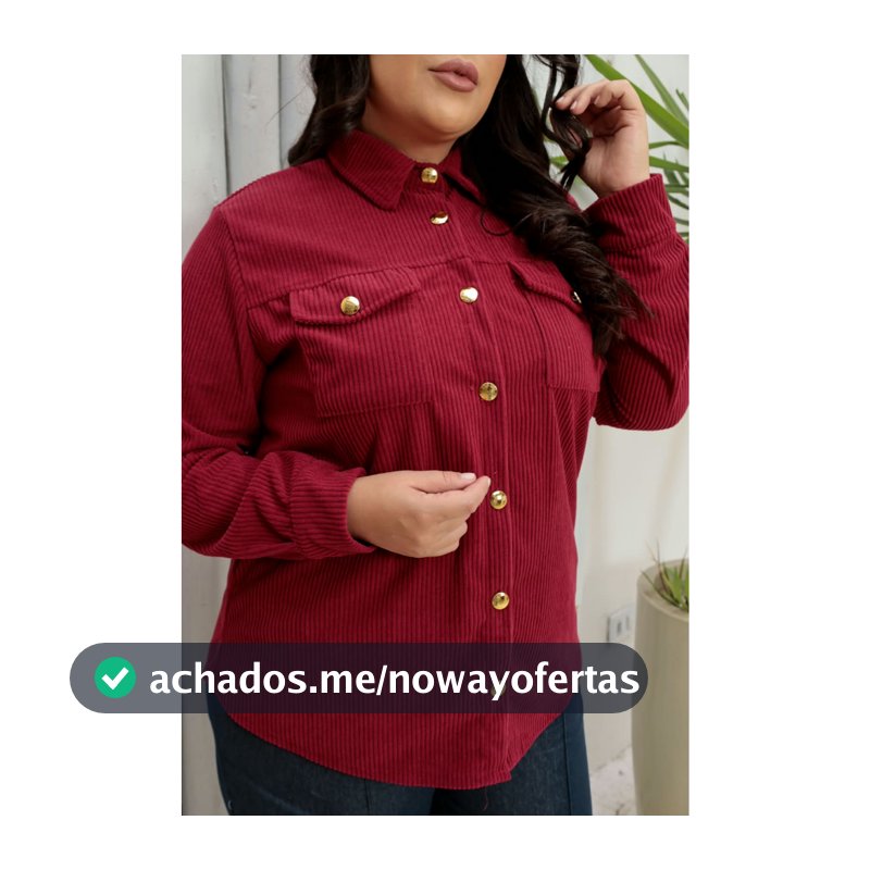 Camisa Plus Size  de Veludo Cotele Com Detalhe De Bolso Na Frente
