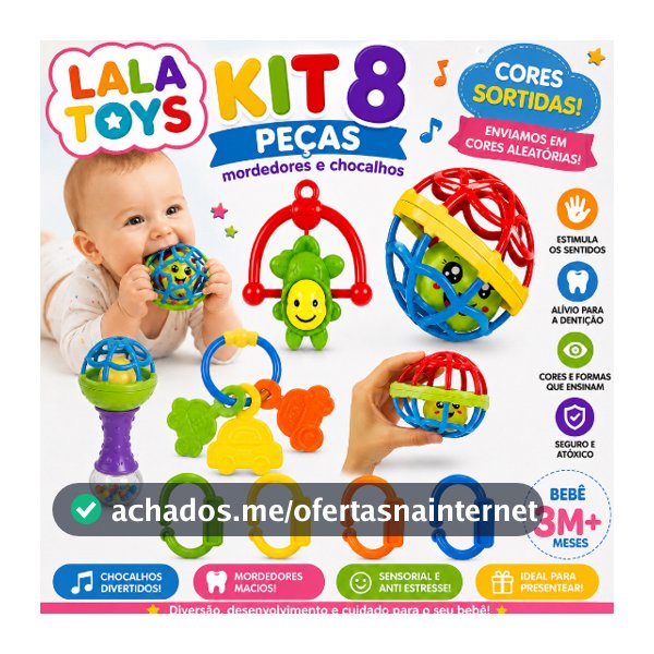 Kit 8 peças Mordedor para Bebe Sensorial Macio com Chocalho