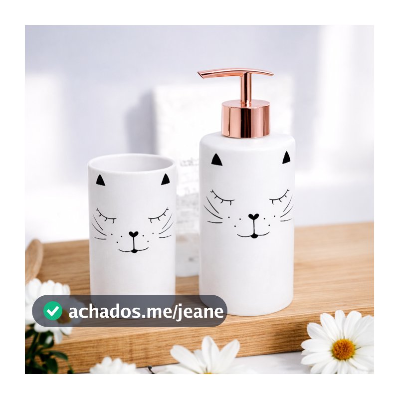 Kit Banheiro Dispenser Porta Sabonete Liquido + Porta Escova Lavabo Saboneteira Gatinho