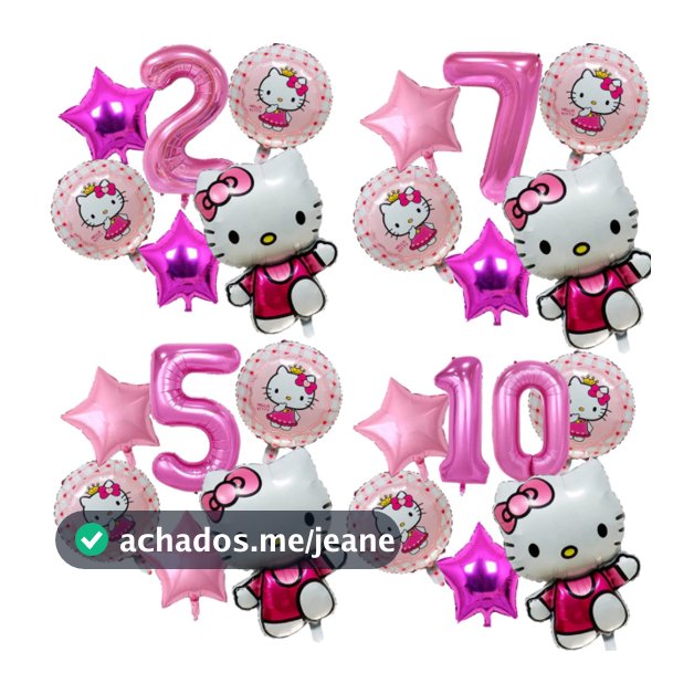 Kit 6 Balão Metalizado Hello Kitty Rosa + 2 Balão Redondo + 2 Estrelas + Número Decoração Festa