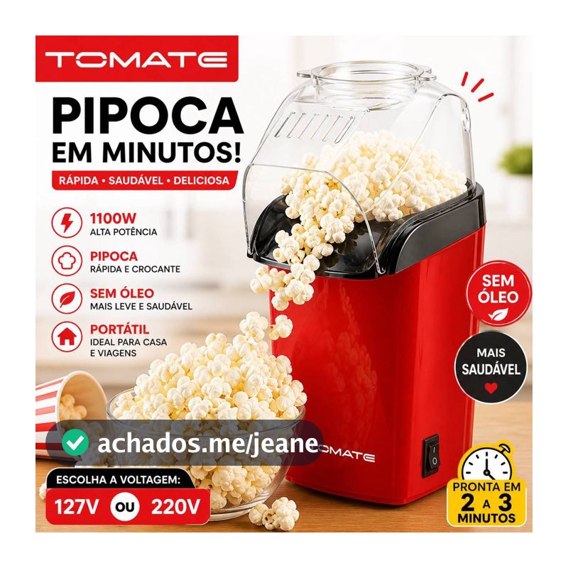 Máquina Fazer Pipoca Elétrica 1100W 127V 220V Sem Óleo Pipoca Rápida Caseira Portátil Popcorn Maker