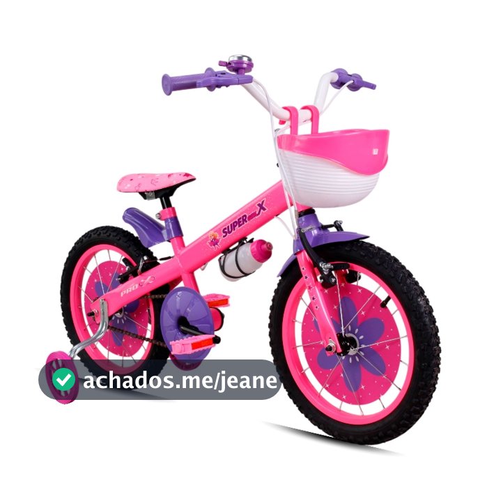 Bicicleta Aro 16 Infantil Menina Pro-X Super Girl X com Rodinha de Treino e Cestinha Pneu 2.1