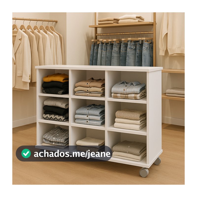 Móvel Expositor para Loja de Roupas 9 Nichos com Rodinhas  Branco Estante organização Closet