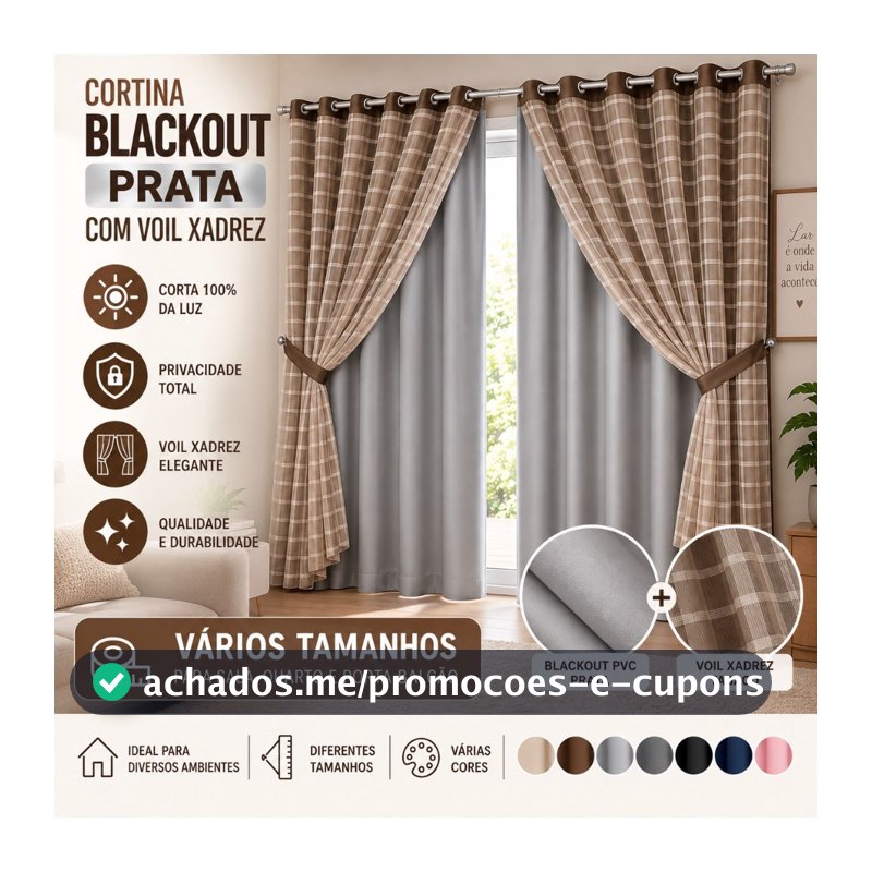 Cortina Blackout Prata com Voil Xadrez – Vários Tamanhos e Cores para Sala, Quarto e Porta-Balcão