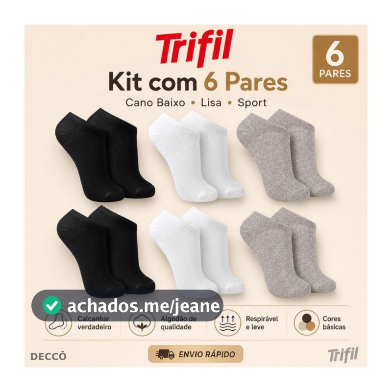 Kit 6 Pares Meia Trifil Cano Curto Esportiva Lisa Moderna Básica Algodão Calcanhar Verdadeiro