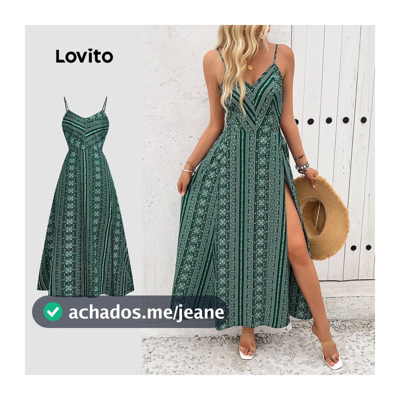Lovito Boho Férias Vestido Frente Aberta Praia Solto Floral Primavera/verão Verde para Mulheres LBL31091