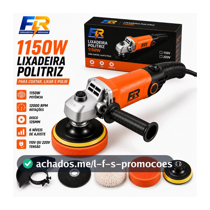 Politriz e Lixadeira Angular 1150W 125MM Profissional Automotiva Com Kit