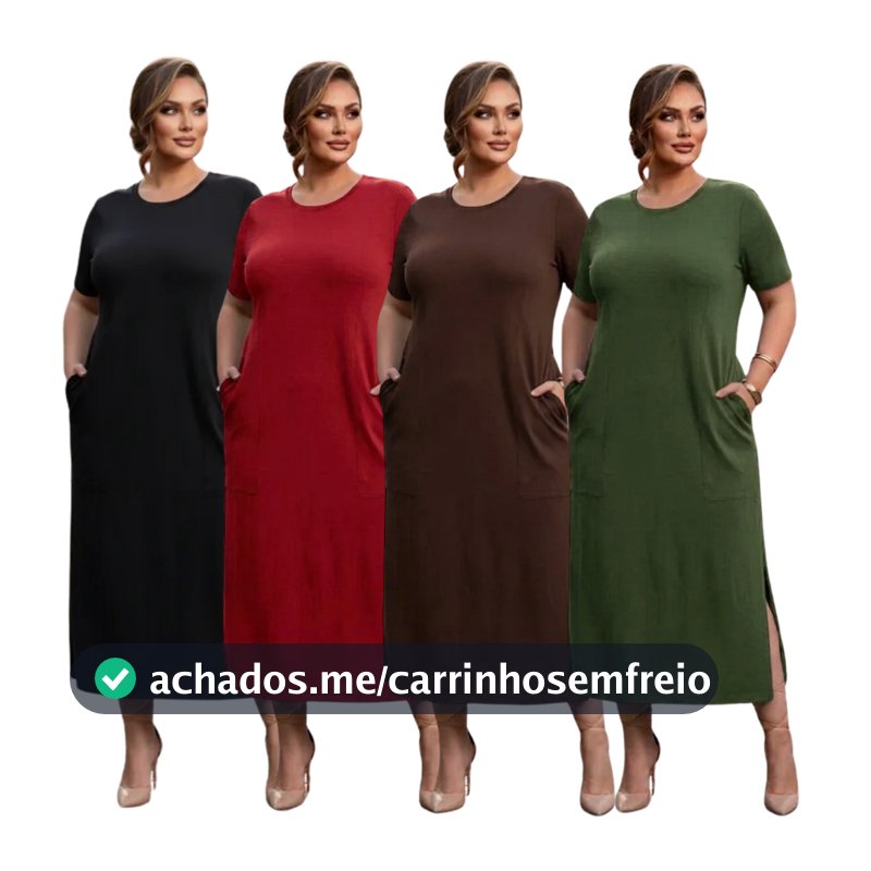 Vestido Feminino Midi Plus Size Longo Com Bolso Elegante
