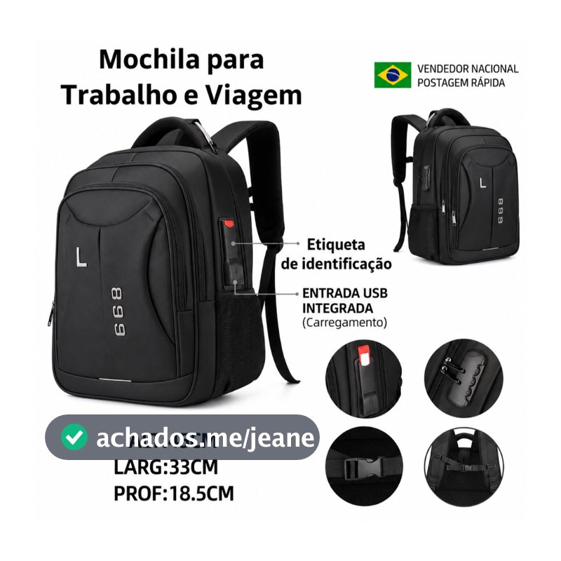 Mochila Masculina Grande Antifurto USB Notebook Alça Peitoral Etiqueta Identificação Executiva Trabalho